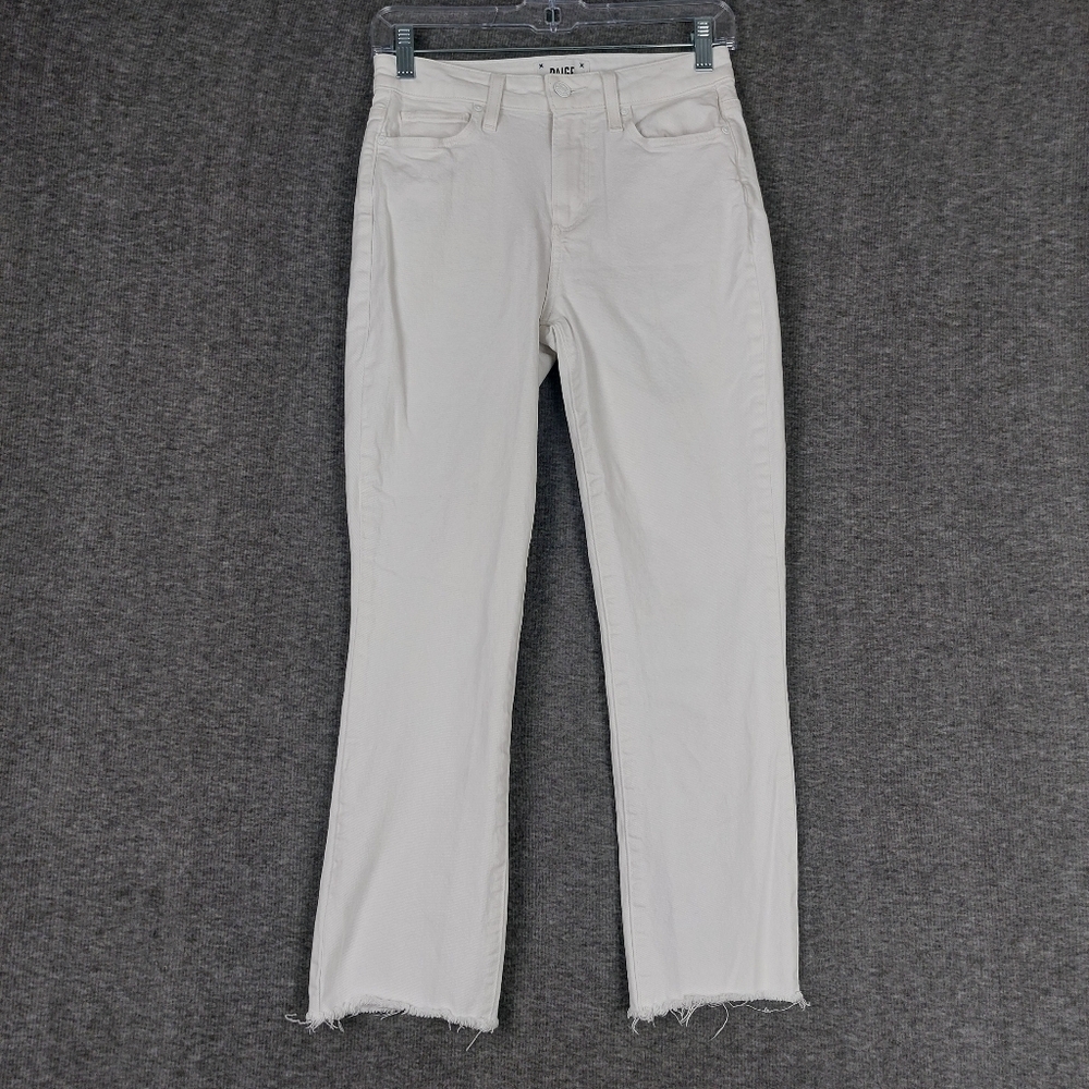 PAIGE CINDY CROP WOMENS CRISP WHITE DENIM FRAY HEM STRAIGHT LEG JEANS SIZE 26